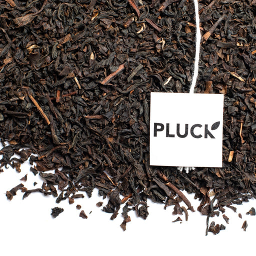 Loose leaf English Breakfast black tea with Pluck tea bag tag