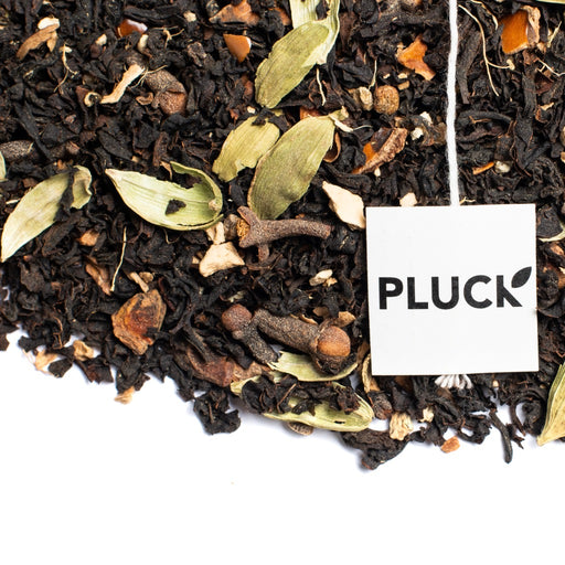 loose leaf Masala Chai black tea with Pluck tea bag tag