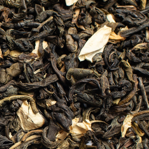 close up of loose leaf Flowering Jasmine green tea