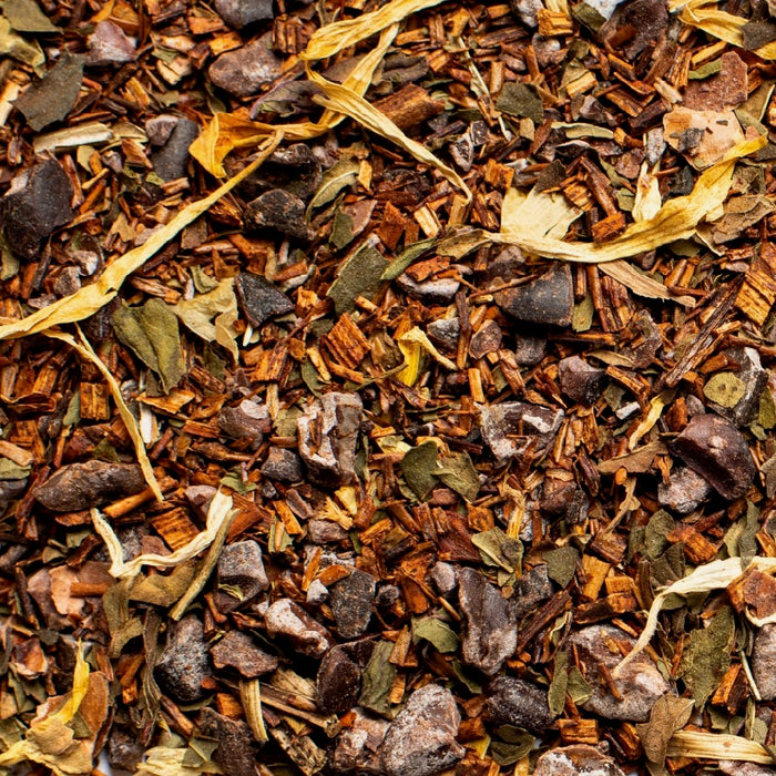close up of loose leaf After Dinner Mint rooibos tea