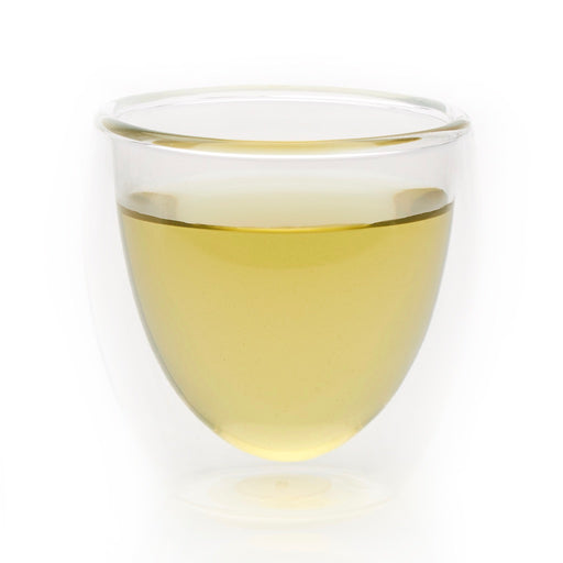 steeped Fukamushi Sencha green tea in glass cup