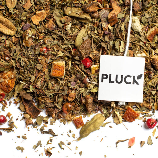 Loose leaf Kensington Market Herbal Tea with Pluck tea bag tag