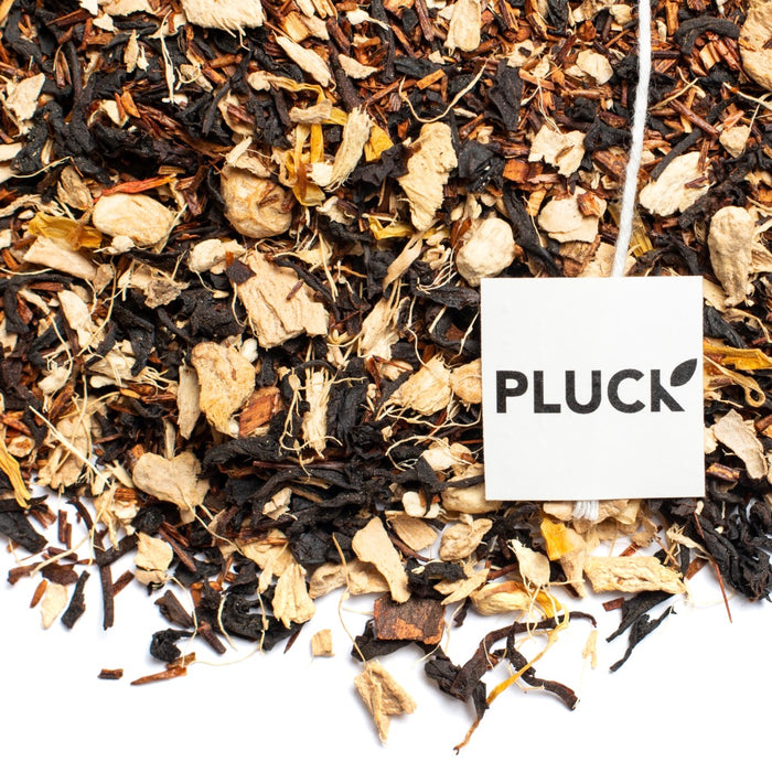 loose leaf Ginger Snap black tea with Pluck tea bag tag