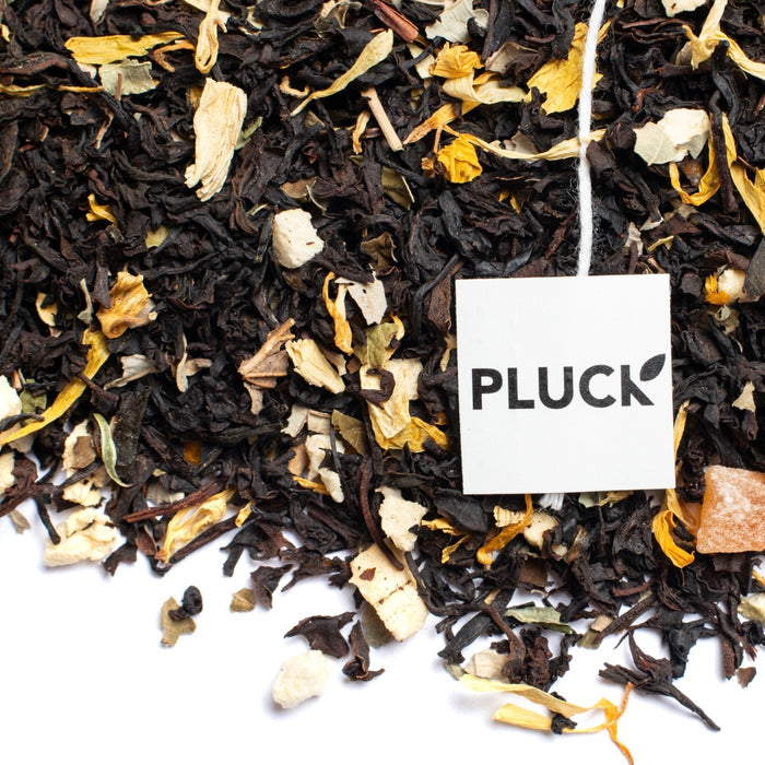 Loose leaf Just Peachy black tea with Pluck tea bag tag