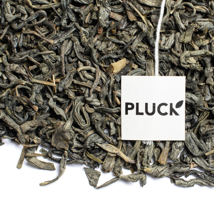 Loose leaf Fields of Green organic green tea with Pluck tea bag tag