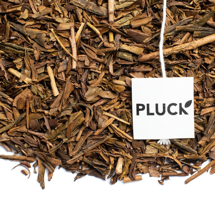 Loose leaf Houjicha organic green Tea with Pluck tea bag tag